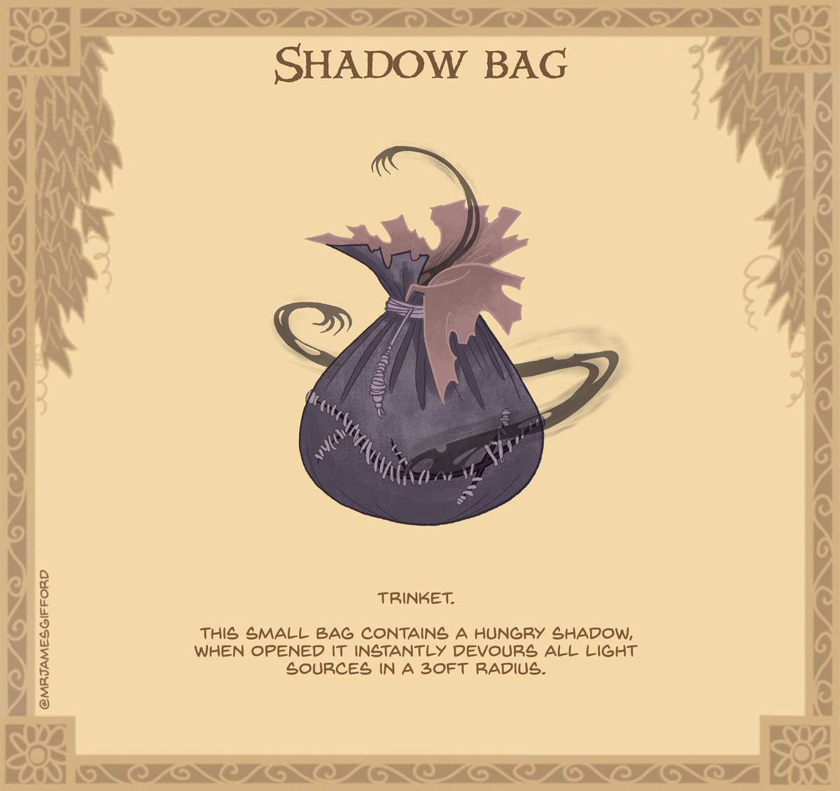3. Shadow Bag 💼🌑🍴
Something wriggles furiously within this dark leather bag. It stills only when locked away in the darkness. #dnd #ttrpg #illustration