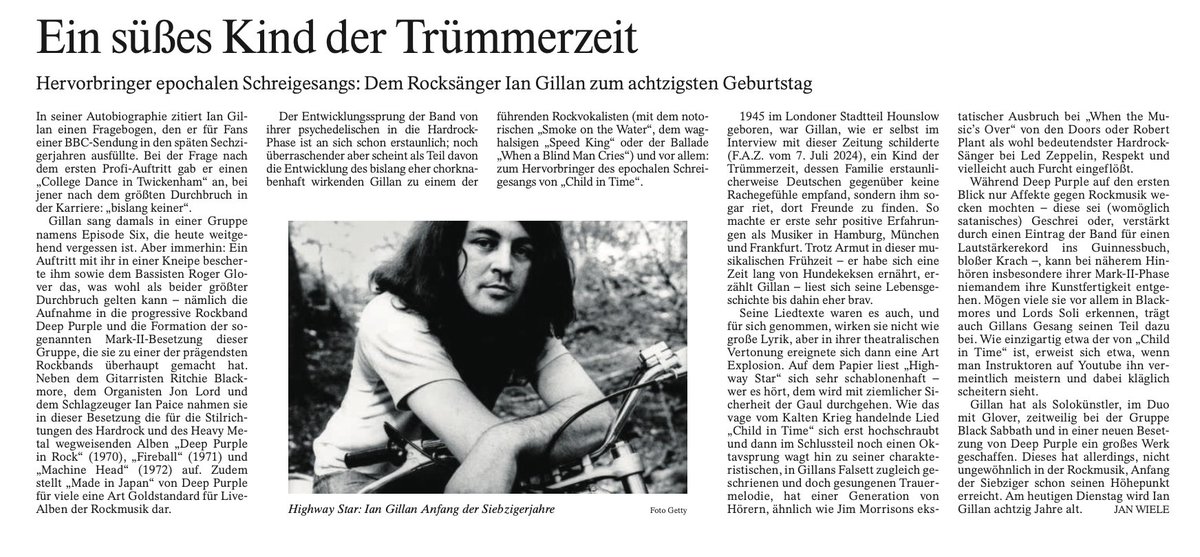Wer je "Child in Time" gehört hat (am besten auf "Made in Japan", 1972), sollte das lesen - Ian Gillan zum 80. (sic!) Morgen in der FAZ.