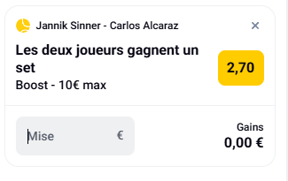ACP_Bet's tweet photo. 🎾 Nouveau boost @Betclic  !
➡️ Sinner &amp; Alcaraz gagnent chacun un set
➡️ Cote boostée à 2.70 (10€ max)
Espérons plus de réussite qu’avec la L1 😅
#TeamParieurs #tennis #Sinner #Alcaraz https://t.co/1un5873vTL