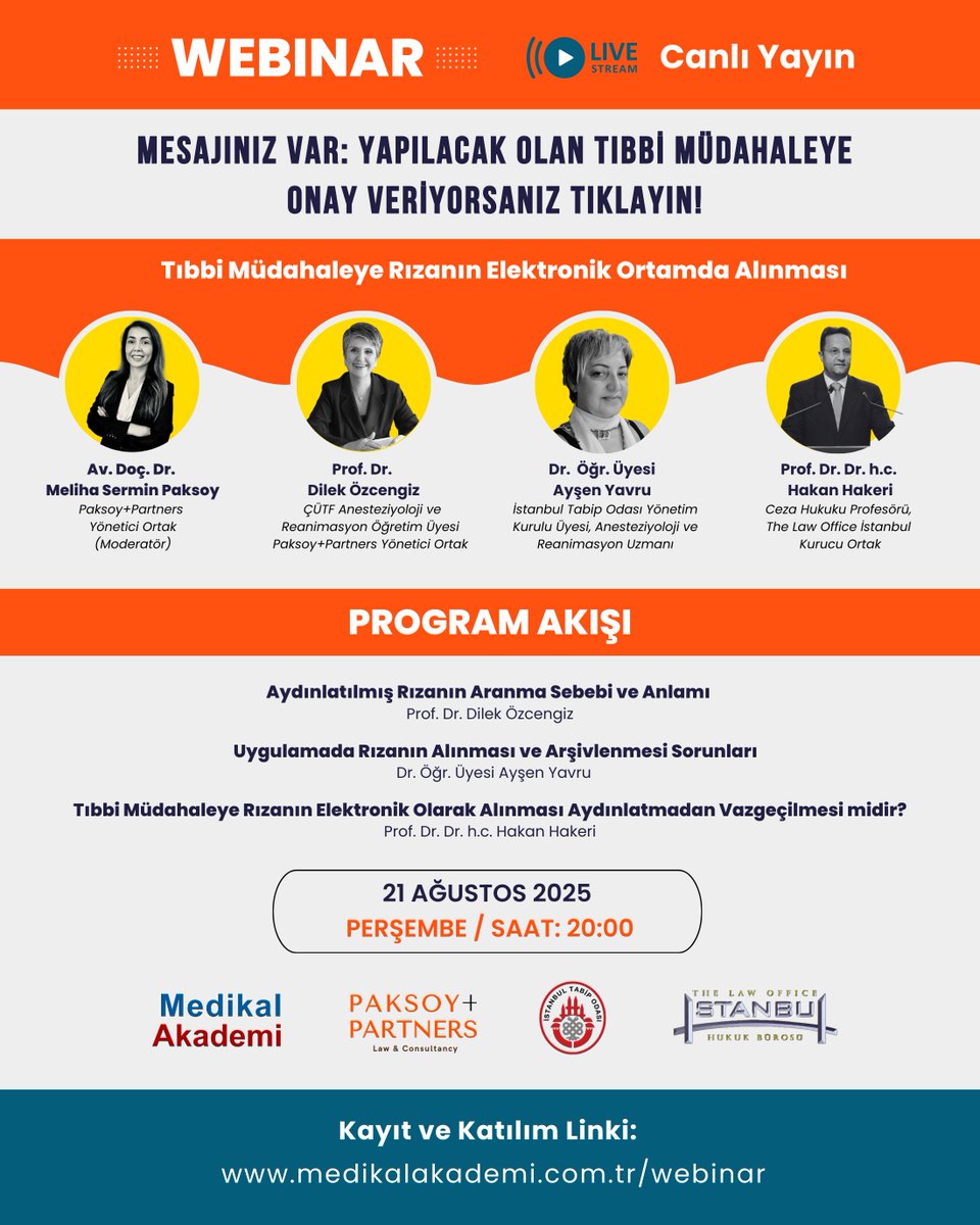 #SağlıkHukuku yayınımız, ‘Mesajınız Var: Yapılacak Olan Tıbbi Müdahaleye Onay Veriyorsanız Tıklayın!‘ / ‘Tıbbi Müdahaleye Rızanın Elektronik Ortamda Alınması‘ canlı söyleşimizde ‘#tıbbionam’ sorunun pek çok boyutunu konuşacağız. Kayıt ve katılım linki:
medikalakademi.com.tr/webinar/sh-ona…
