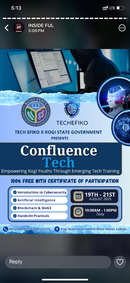 TechEfiko's tweet image. 🔥 The Countdown is ON!
3 days of strategic tech mastery – Cybersecurity | AI | Blockchain.
📅 19–21 August 2025 | 📍 Glass House, Lokoja.
This is not just another event… it’s a mission.