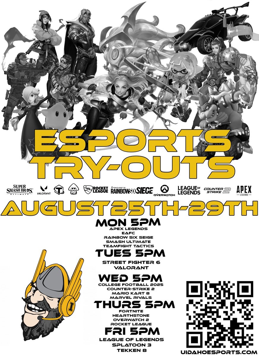 🎮🔥 Esports Tryouts are here! 🔥🎮

Think you’ve got what it takes to represent Vandal Esports? Come prove it at our Fall 2025 Esports Tryouts!

📅 August 25th – 29th
🕔 5PM Daily
📍 University of Idaho Esports Lab 

#VandalEsports #Esports #UIdaho #Gaming #EsportsTryouts