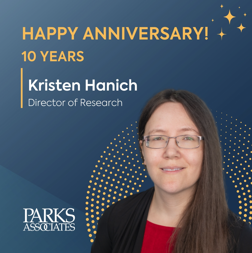 ParksAssociates's tweet photo. Happy 10th work anniversary to Kristen Hanich!
See her latest work in this white paper (download today): https://t.co/4ciMQWnqJ9
#Happyanniversary #ParksResearch #ParksData #Leadership #ParksAssociates #Celebration https://t.co/dIwlTG3Dzj