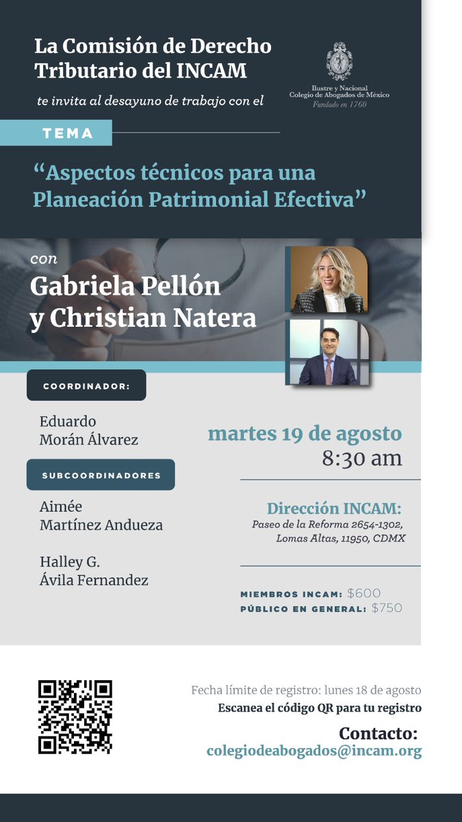 Colegio de Abogados (@incam_abogados) on Twitter photo "Aspectos técnicos para una Planeación Patrimonial Efectiva", será el tema que los Lic. #GabrielaPellón y el Lic. #ChristianNatera presentarán mañana en el desayuno de trabajo. Inscríbete aquí
docs.google.com/forms/d/e/1FAI…
<a href="/EduardoMoran/">eduardo moran</a> @AimeeMartinez <a href="/HalleyAvila/">Halley Ávila</a> <a href="/AlberticoGS/">Dr. Albertico Guinto Sierra</a> "Aspectos técnicos para una Planeación Patrimonial Efectiva", será el tema que los Lic. #GabrielaPellón y el Lic. #ChristianNatera presentarán mañana en el desayuno de trabajo. Inscríbete aquí
docs.google.com/forms/d/e/1FAI…
<a href="/EduardoMoran/">eduardo moran</a> @AimeeMartinez <a href="/HalleyAvila/">Halley Ávila</a> <a href="/AlberticoGS/">Dr. Albertico Guinto Sierra</a>
