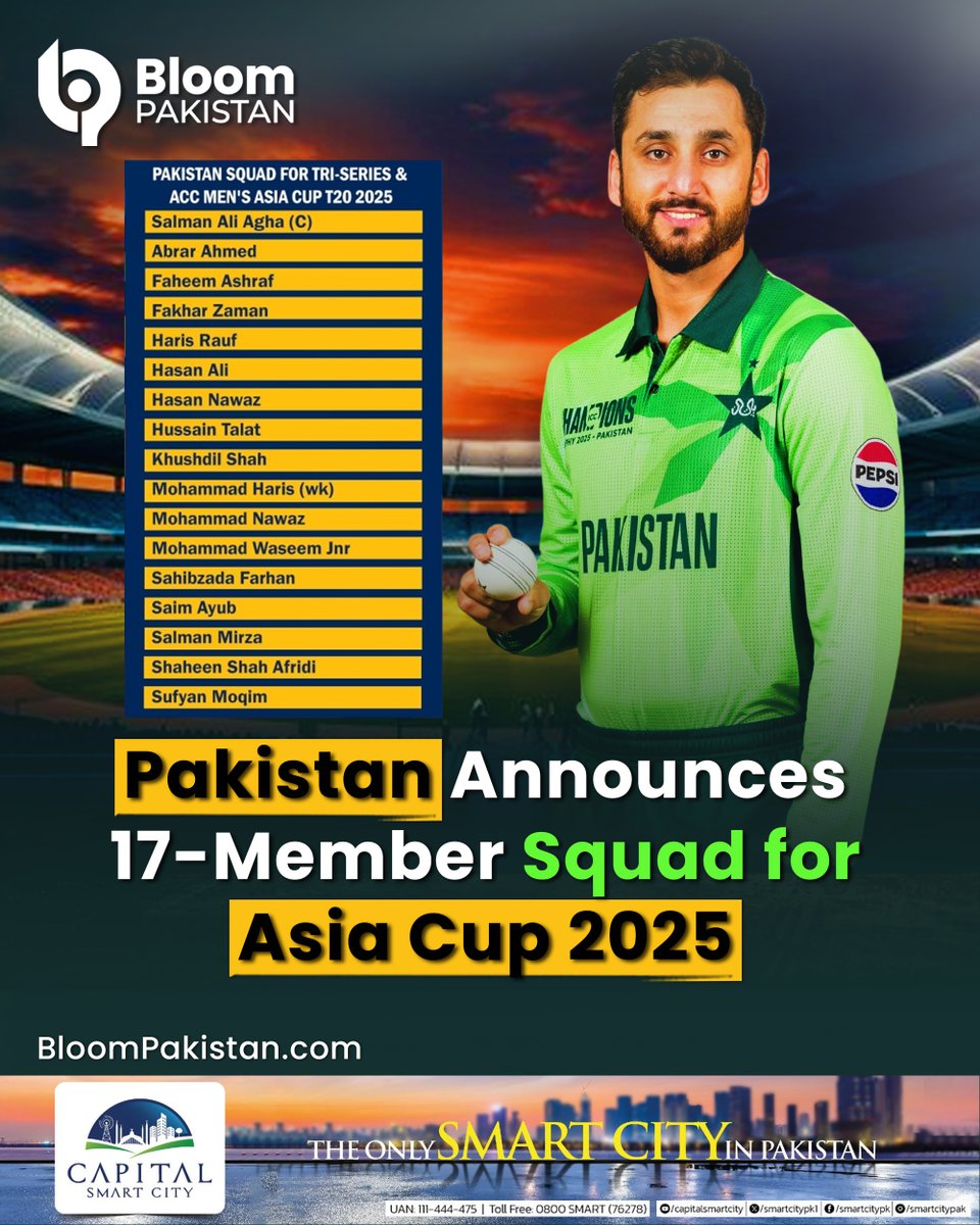bloom_pakistan's tweet image. Pakistan Squad for Asia Cup 🏏 Pakistan Announces 17-Member Squad for Asia Cup 2025 – Salman Ali Agha to Lead Announced

Read More:
bloompakistan.com/pakistan-squad…

#BloomPakistan @TheRealPCB #AsiaCup2025 #PakistanCricket #PCB #SalmanAliAgha #CricketUpdates #TeamPakistan #CricketSquad