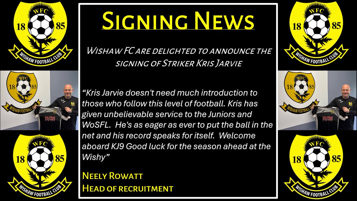 🟡⚫️🟡Signing🟡⚫️🟡

Wishaw F.C are ecstatic to confirm the signing of Kris Jarvie from <a href="/RoyalAlbertWOS/">Royal Albert FC</a> 

The striker has already opened his account with 2 goals in 2 games and a MOTM award.

Great to have you on board <a href="/kris_jarvie/">Kris Jarvie 🏴󠁧󠁢󠁳󠁣󠁴󠁿🏴󠁧󠁢󠁳󠁣󠁴󠁿</a> 🤝