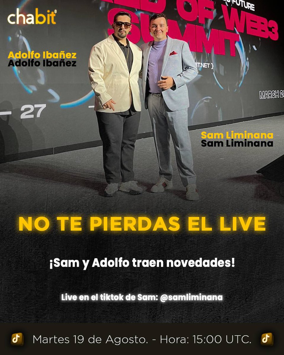🚨LIVE ESPECIAL🚨
Este martes 19 a las 15:00 UTC en TikTok 🎥✨

👉 Avances del proyecto
👉 Resolvemos dudas en vivo
👉 Abierto a todos, crypto o no 🚀

¡No faltes!

#live #TikTok #Chabit #avances
#cryptomonedas #blockchain