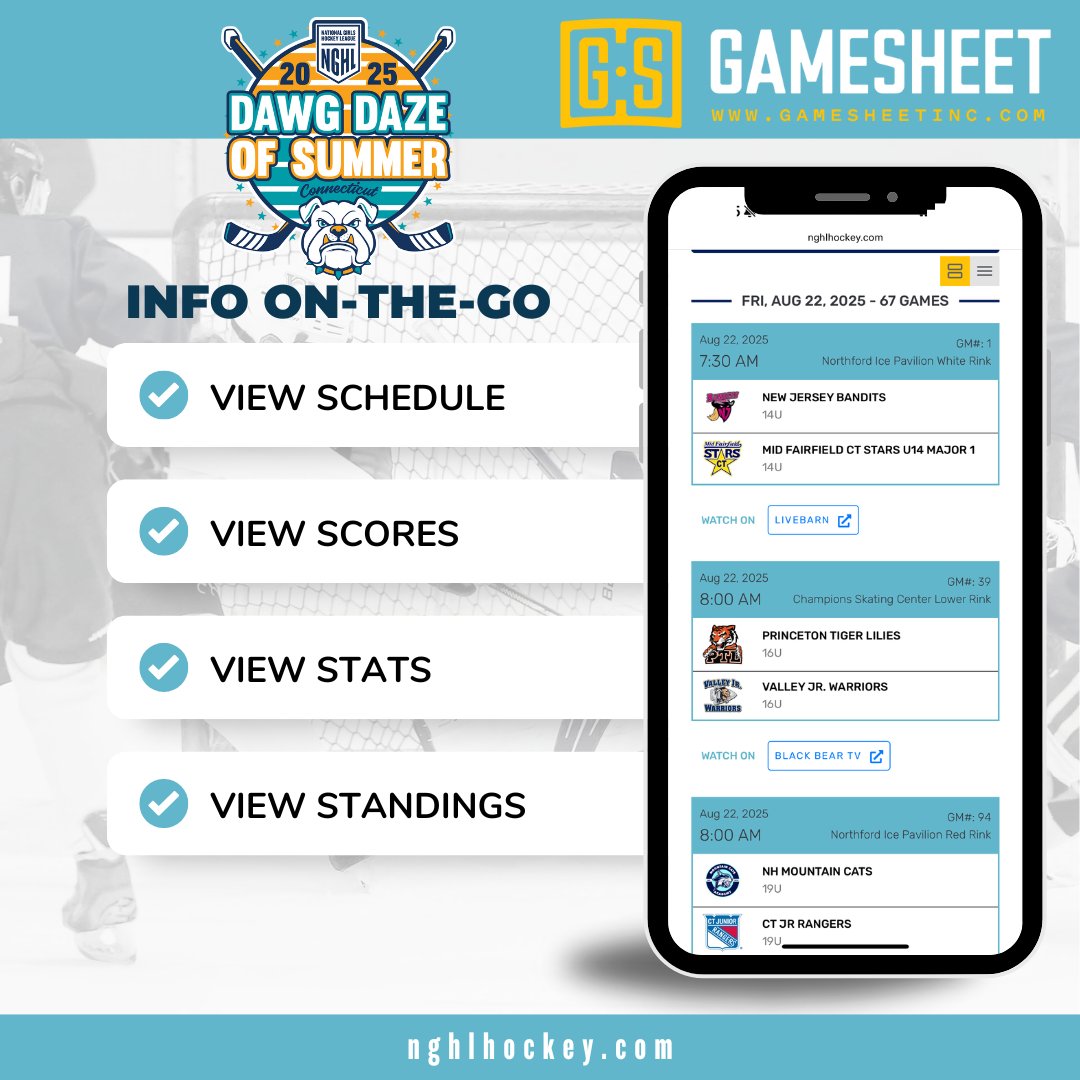 nghlhockey's tweet image. Stats, scores, schedule, and more! Visit the NGHL Dawg Daze of Summer event page for all the info! 
.
.
.
#NGHL #NGHLHockey #Gamesheet