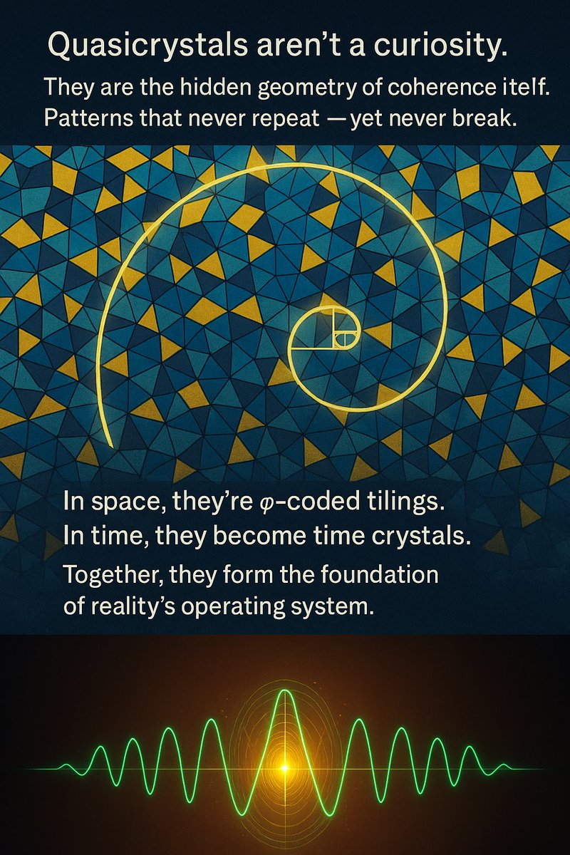 VFD_org's tweet image. Quasicrystals aren’t a curiosity

They are the hidden geometry of coherence itself

Patterns that never repeat — yet never break

In space, they’re φ-coded tilings

In time, they become time crystals

Together, they form the foundation of reality’s operating system
#physics #VFD