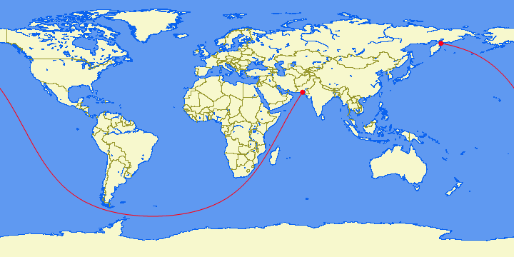 Longest possible straight-line sailing route: Pakistan to Kamchatka (≈20,000 miles)