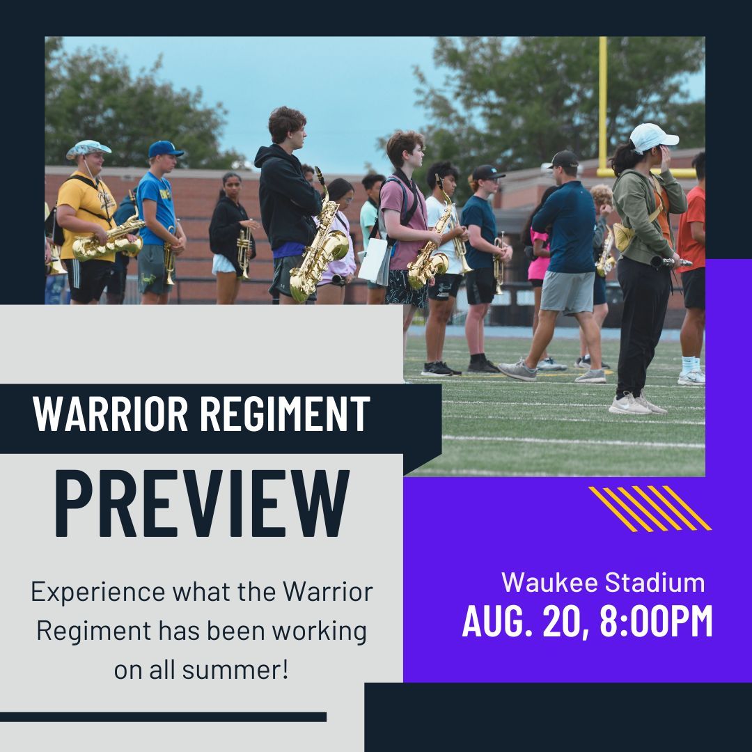 Check out what the Warrior Regiment has been working on this summer! 

Food trucks from 6:30-8:30pm
Entertainment begins at 7:45pm
Performance at 8:00pm
Waukee Stadium
Wednesday, August 20

#wwr #colormyworld