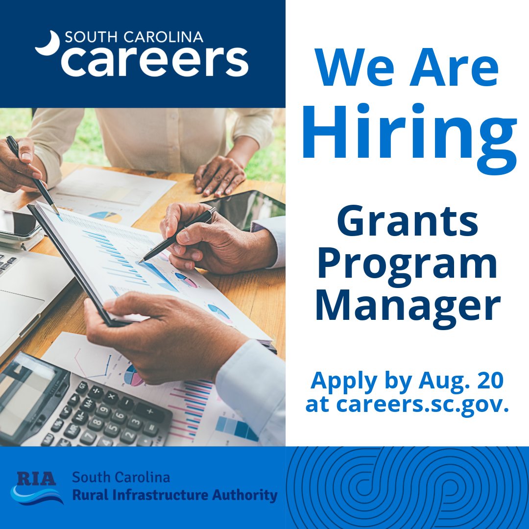 SC Careers (@careersscgov) on Twitter photo If you have strong project management skills, join the South Carolina Rural Infrastructure Authority as a Grants Program Manager! This position assists in the evaluation of projects for funding and grant management. Apply by Aug. 20 at bit.ly/45AFe1Q. #SCCareers If you have strong project management skills, join the South Carolina Rural Infrastructure Authority as a Grants Program Manager! This position assists in the evaluation of projects for funding and grant management. Apply by Aug. 20 at bit.ly/45AFe1Q. #SCCareers