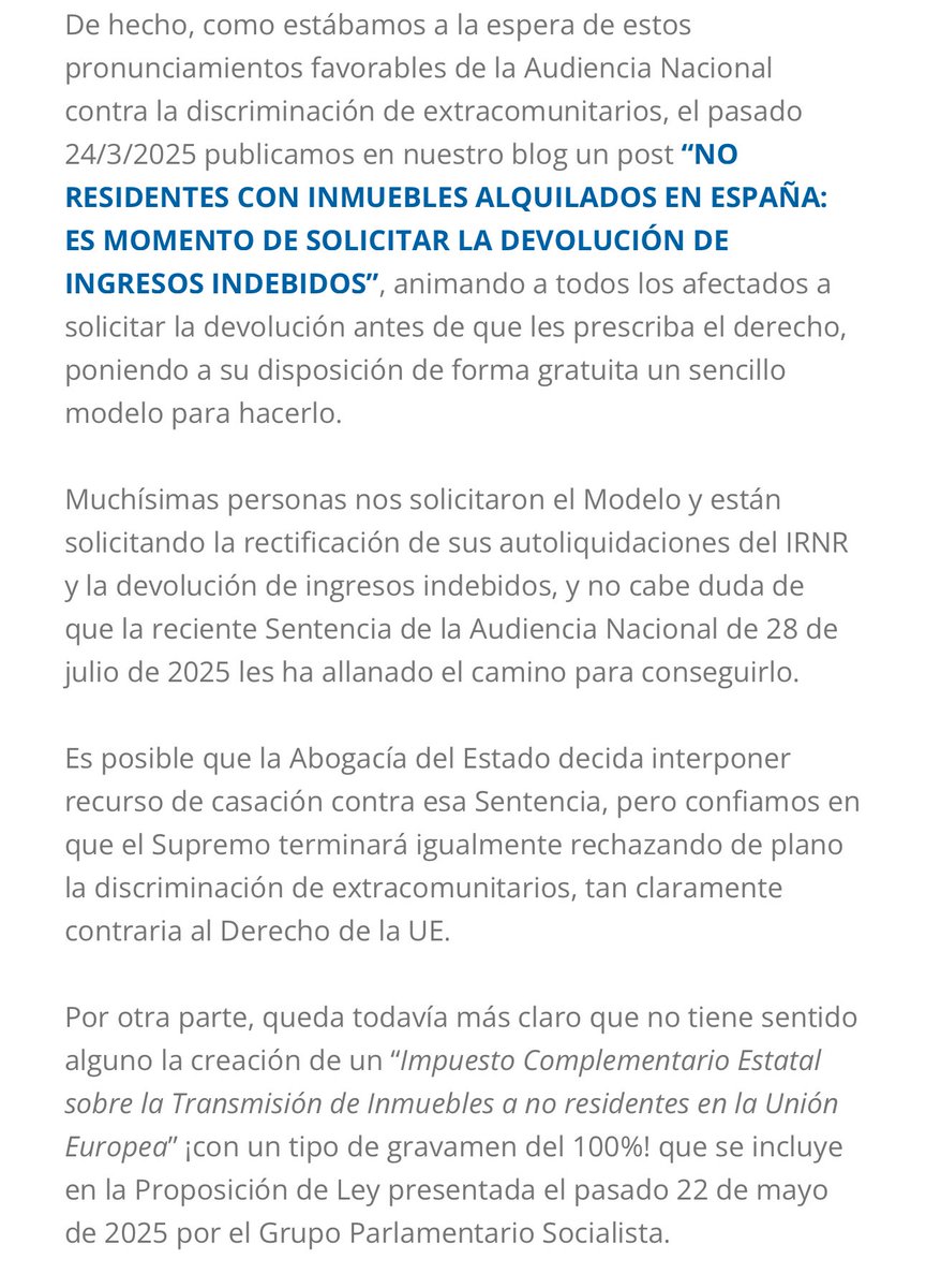 La jurisprudencia comunitaria obligó a nuestro legislador a evitar la discriminación de extracomunitarios en el impuesto sobre Sucesiones y donaciones, el de patrimonio, el de solidaridad …
Ahora, la Audiencia Nacional señala que con esa jurisprudencia tampoco se les puede