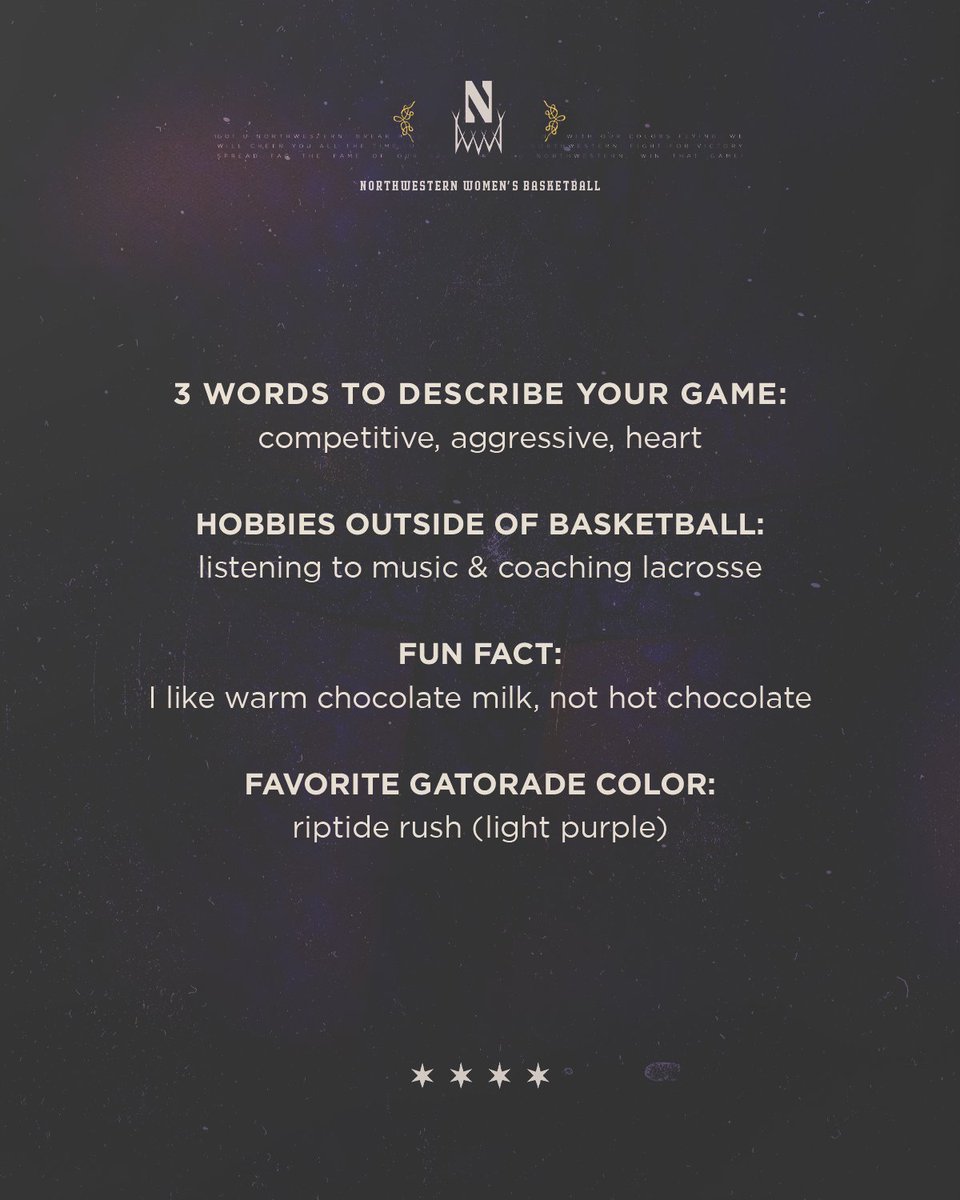 Northwestern Women’s Basketball (@nuwbball) on Twitter photo 𝐂𝐨𝐦𝐩𝐞𝐭𝐢𝐭𝐢𝐯𝐞. 𝐀𝐠𝐠𝐫𝐞𝐬𝐬𝐢𝐯𝐞. 𝐇𝐞𝐚𝐫𝐭. 😼
No stranger to <a href="/NU_Sports/">Northwestern Athletics</a>, get to know graduate student guard Sammy White! 𝐂𝐨𝐦𝐩𝐞𝐭𝐢𝐭𝐢𝐯𝐞. 𝐀𝐠𝐠𝐫𝐞𝐬𝐬𝐢𝐯𝐞. 𝐇𝐞𝐚𝐫𝐭. 😼
No stranger to <a href="/NU_Sports/">Northwestern Athletics</a>, get to know graduate student guard Sammy White!