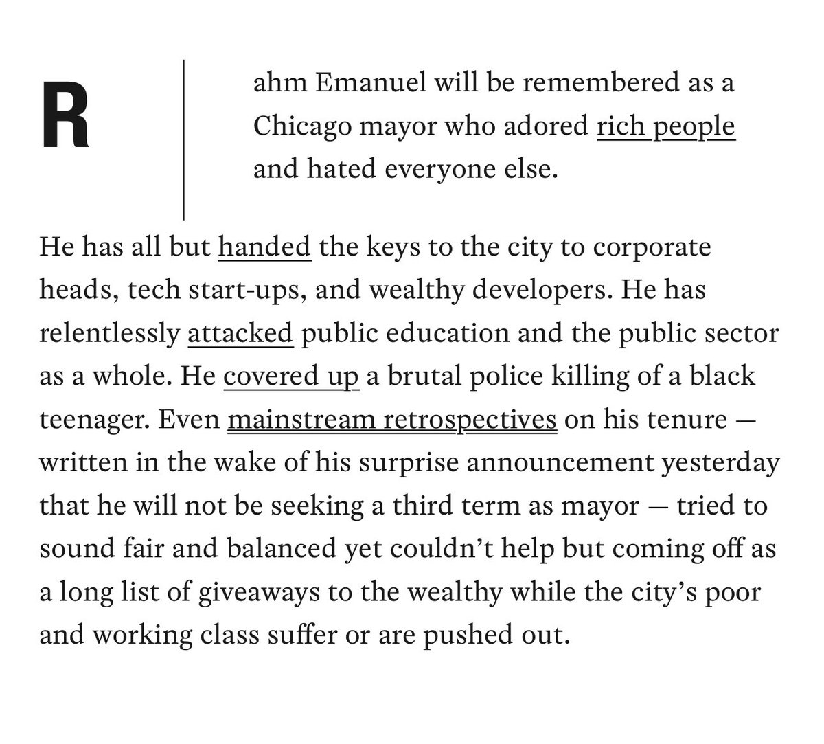 I don’t want to meet Rahm Emanuel. Even more, I don’t want a party that claims to support labor, the working class/middle class, and progressive values generally, to be inviting people to meet Rahm Emanuel.