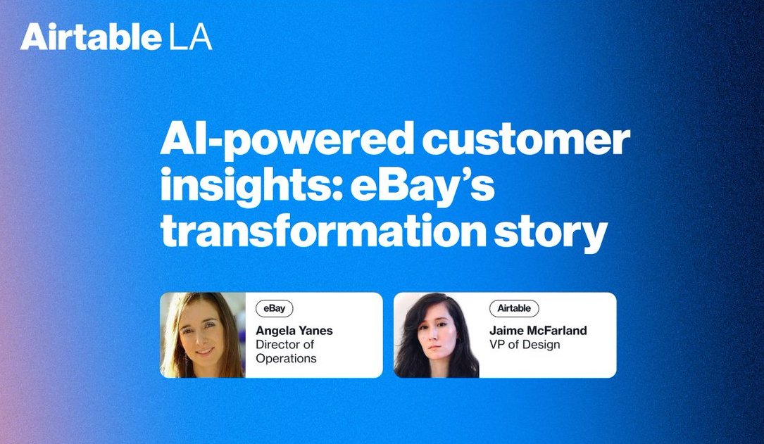 airtable's tweet image. 🎯 @eBay transformed 1M+ customer feedback items into actionable insights
Watch now on-demand → airtable.com/videos/airtabl…
#AirtableAI #NoCodeAI