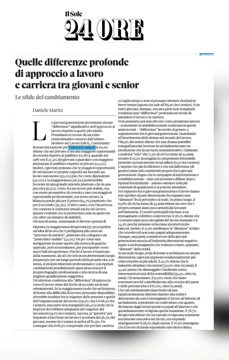 🗞 Sul <a href="/sole24ore/">IlSole24ORE</a> la seconda puntata di una serie di approfondimenti a firma del Prof. Daniele Marini, curatore insieme ad Irene Lovato Menin della nuova indagine sulla popolazione "Monitor on Labor" promossa da #Federmeccanica volta ad analizzare il rapporto tra i #giovani e il