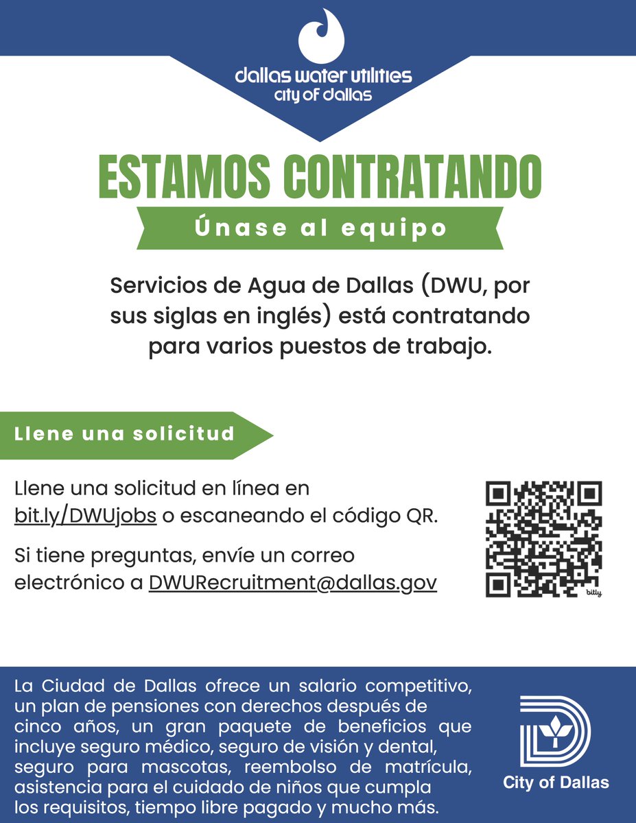 Trinity River Corridor (@mytrinityriver) on Twitter photo ¡Únase al equipo! DWU está contratando y tiene varias oportunidades de empleo disponibles. Visite bit.ly/DWUjobs para obtener más información sobre los puestos y llenar una solicitud en línea. Envíe un correo electrónico a DWURecruitment@dallas.gov si tiene preguntas. ¡Únase al equipo! DWU está contratando y tiene varias oportunidades de empleo disponibles. Visite bit.ly/DWUjobs para obtener más información sobre los puestos y llenar una solicitud en línea. Envíe un correo electrónico a DWURecruitment@dallas.gov si tiene preguntas.