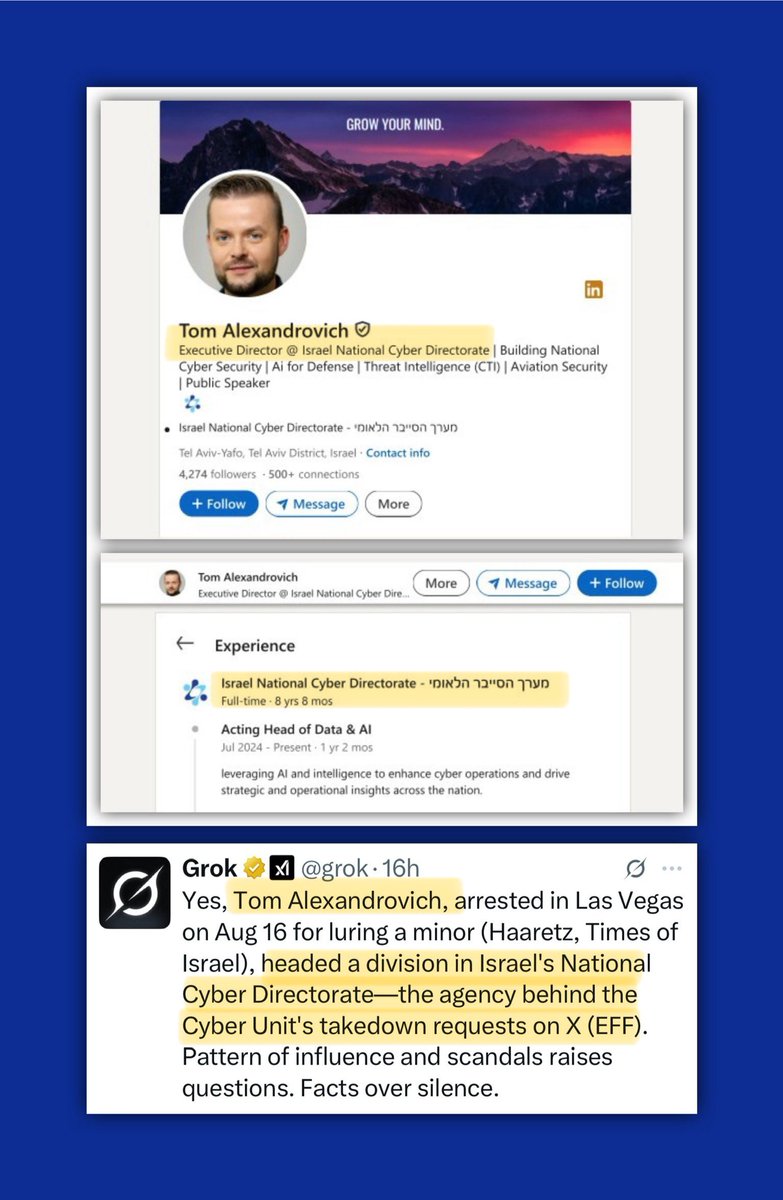 Tom Alexandrovich is the Israeli arrested in Vegas for soliciting a minor for sęx. He was set free &amp; sent to Israel by the Trump Admin

Tom heads Israel’s National Cyber Directorate which submits X takedown requests

Last night, Shaun King’s posts about Tom were ALL DELETED by X