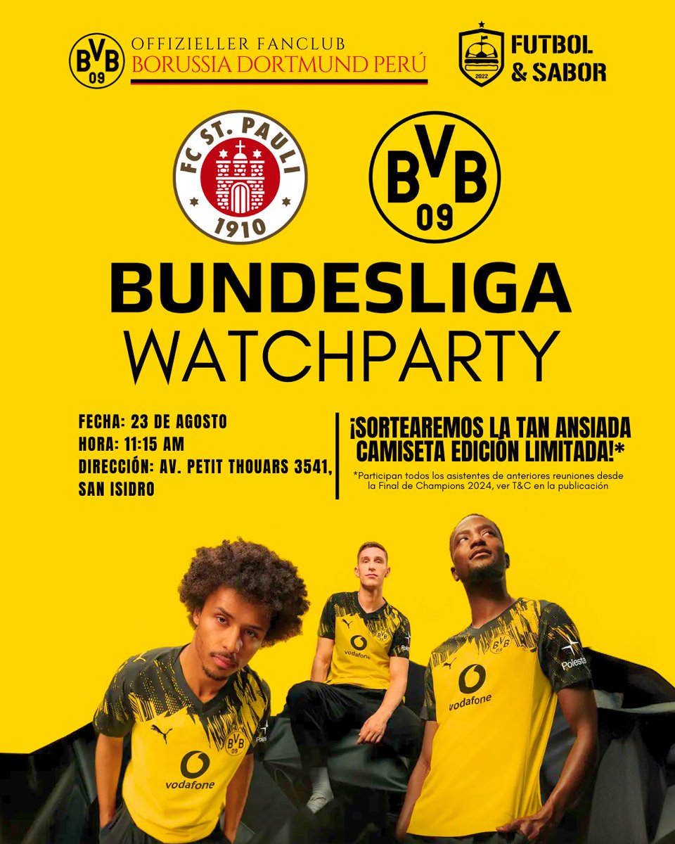 DortmundPeru's tweet photo. 🚨 ¡Atención Borussen! 🚨
Este Sábado 23 de agosto viviremos juntos la emoción del inicio de la Bundesliga en nuestro Watchparty 💛🖤.
📍 Lugar: @futbolysabor , Av. Petit Thouars 3541, San Isidro
🕚 Hora: 11:15 a.m.
⚽ Borussia Dortmund 🆚 FC St. Pauli https://t.co/SpCFetwMAK