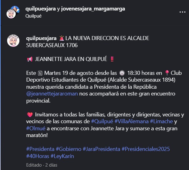 📢 JEANNETTE JARA EN QUILPUÉ ‼️
instagram.com/p/DNW-9jLNR0K/