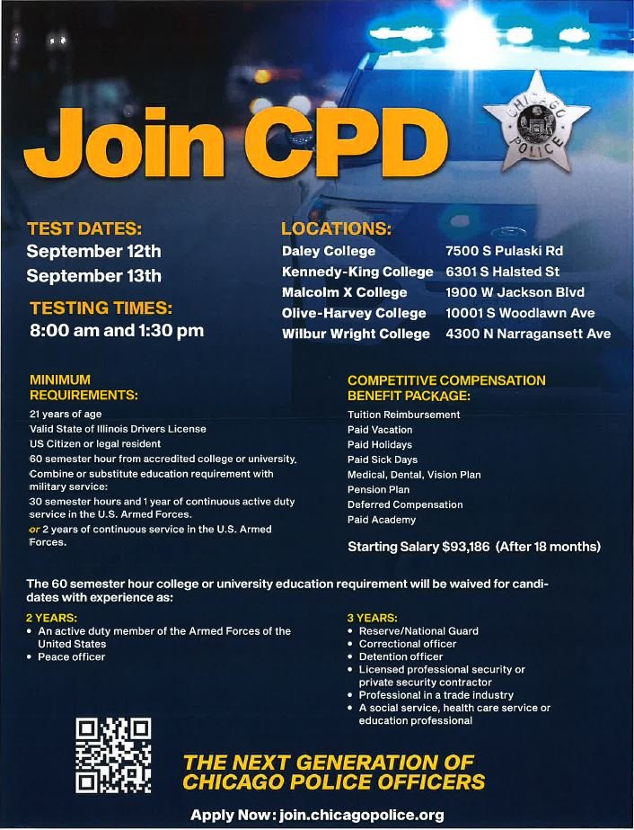 Testing sessions will be held at 8:00 AM and 1:30 PM on both days at participating City Colleges of Chicago, taking place on September 12 and September 13.

Walk-ins are welcome on the day of the exam. 

<a href="/JoinChicagoPD/">Join CPD</a> #ChicagoPoliceAcademy #TSGTradition