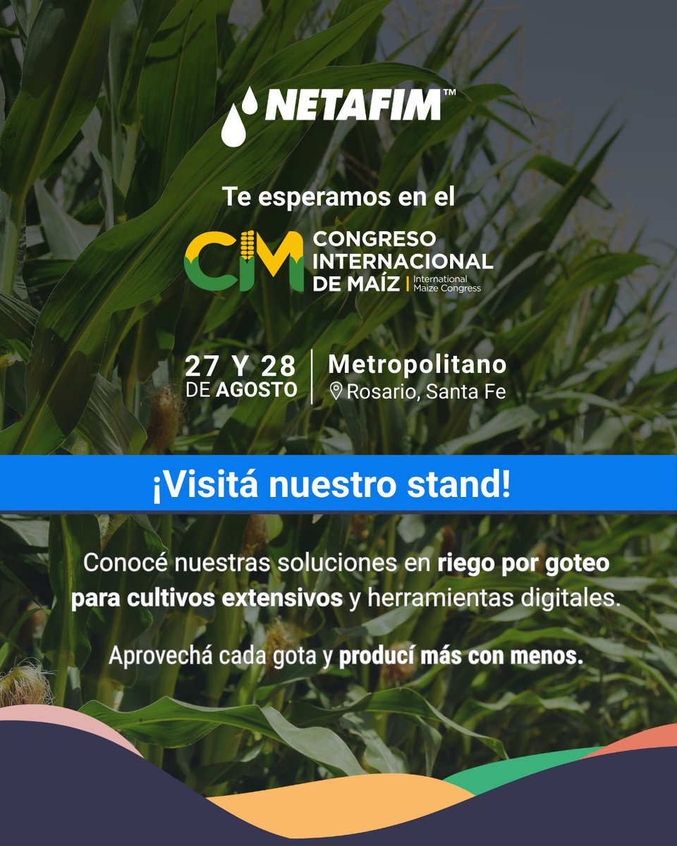 🌽 El 27 y 28 de agosto, en el Congreso Internacional de Maíz (Rosario, Santa Fe), vamos a presentar riego por goteo para cultivos extensivos y herramientas digitales que ayudan a producir más con menos.

💧 Pasá por nuestro stand y descubrí cómo aprovechar cada gota.