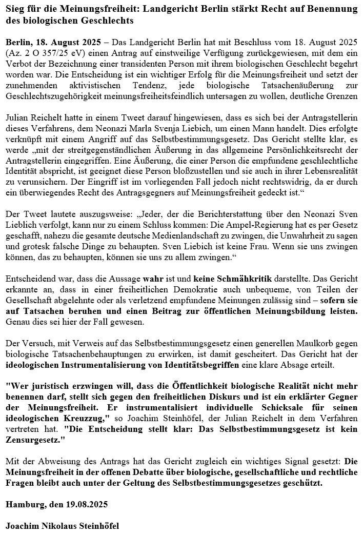 Pressemitteilung für Julian Reichelt. Sieg für die Meinungsfreiheit. Landgericht Berlin entscheidet ...