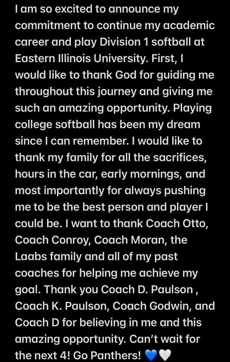 Committed!! I am so excited to announce my commitment to continue my academic and athletic career at Eastern Illinois University!Can’t wait for the next 4! Go Panthers!! 💙🤍 
<a href="/EIU_Softball/">Eastern Illinois Softball</a> 
<a href="/DemariniBandits/">Beverly Bandits</a>