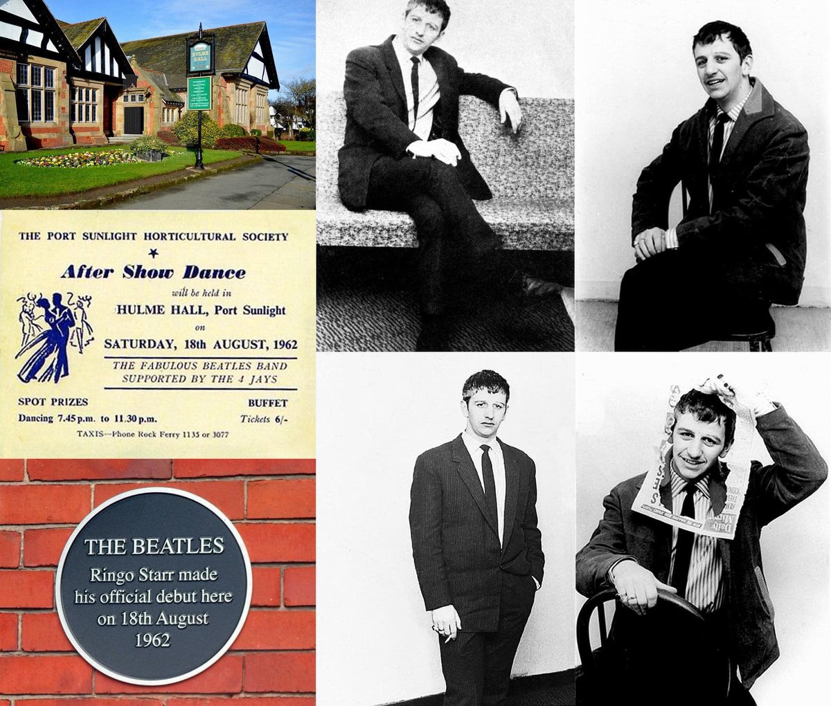 #THEBEATLES Following a 2 hour rehearsal, they play at Hulme Hall for the Port Sunlight Horticultural Society dance on Aug.18/62. Notably, it's Ringo's 1st time performing as a Beatle.