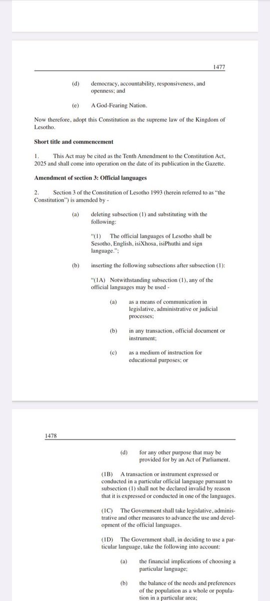 Lesotho makes history!

The Tenth Amendment to the Constitution Act, 2025 now recognizes 5 official languages:

Sesotho

English

isiXhosa

isiPhuthi

Sign Language

This move promotes inclusivity, cultural pride and Accessibility for all Basotho