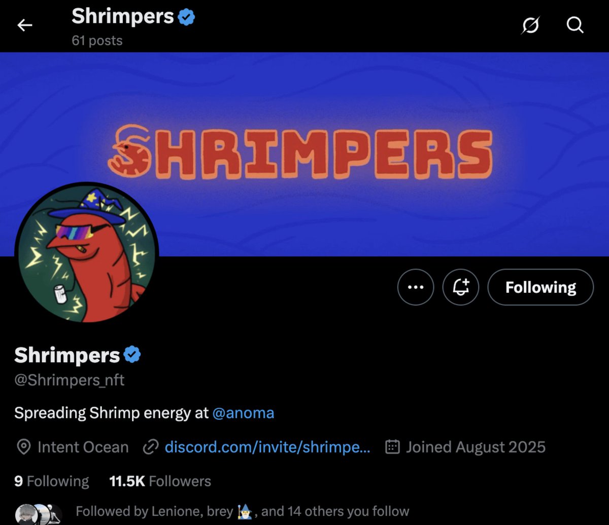 Who’s Behind <a href="/anoma/">Anoma</a> NFT? Meet <a href="/Shrimpers_nft/">Shrimpers</a>

Anoma official NFT is the Shrimpers collection from <a href="/Shrimpers_nft/">Shrimpers</a>

What We Know:

✦ Launched as "Shrimpers" shrimp-themed, wizard-hat vibes.
✦ Bio: "Spreading Shrimp energy at <a href="/anoma/">Anoma</a>"
✦ 11,556 followers, blue verified, teasing