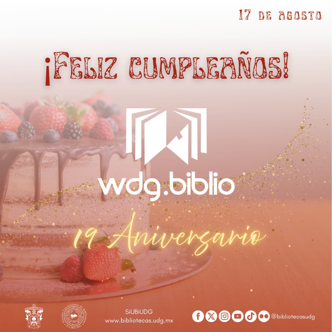 BibliotecasUdg's tweet photo. ¡Felicitaciones a @wdg_biblio de la @udg_oficial por su 19.° Aniversario! 🥳🎉🎊📚💻📲
#wdgbiblio #19Aniversario #BibliotecaDigital #InformacionConfiable #basesdedatos #recursosinformativos #100añosudg #ComunidadUdeG #UdeG #RedUdeG #RedUniversitaria #bibliotecasudg #SiUBiUDG https://t.co/4a0Cfg1fEL