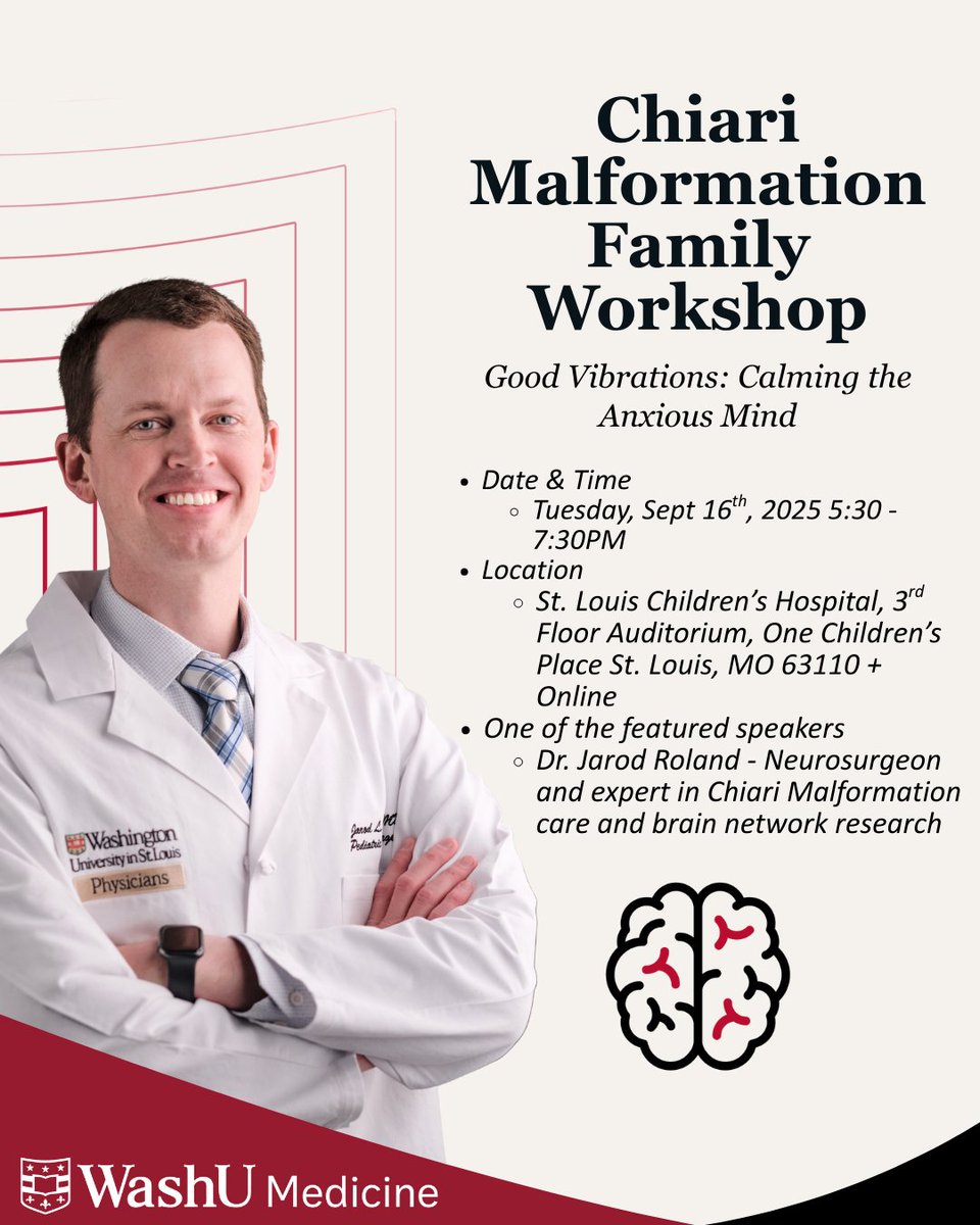 Join us Sept 16th for the Chiari Malformation Family Workshop to explore how anxiety affects the brain—and how to build calm &amp; confidence. 
For: Teens/adults with Chiari &amp; their caregivers
Speakers: Drs. Roland, Bucklin &amp; Sylvester

Register now!
redcap.wustl.edu/redcap/surveys…