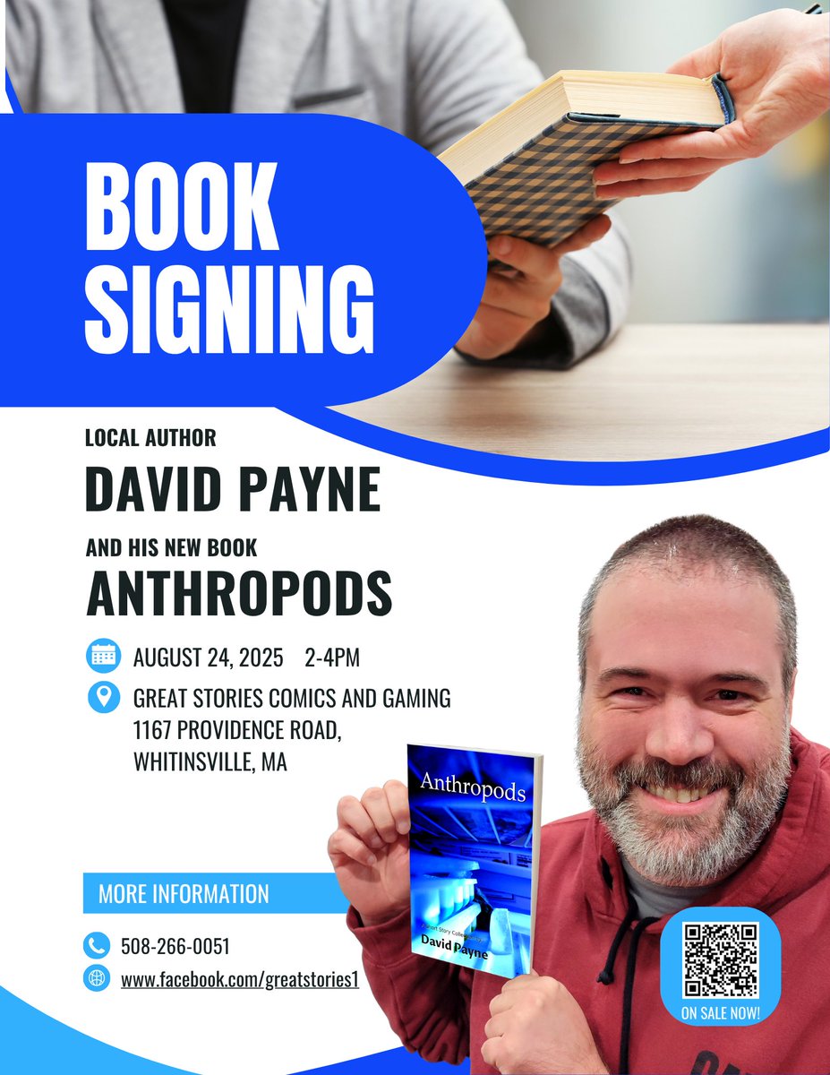 Less than a week to go before I appear (very suddenly, with eerie smoke around me, I'm sure) at Great Stories in Whitinsville, MA for a book signing. If you are in the area, stop by, say hi and get a book signed.

Need a book? books2read.com/anthropods
