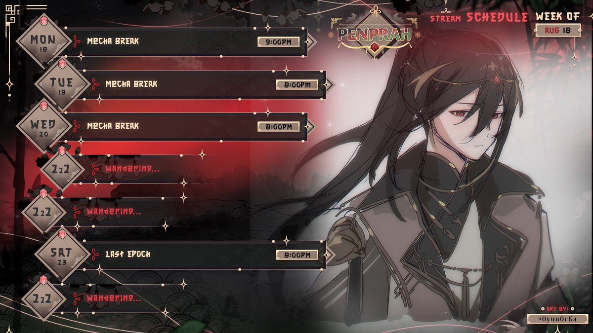 Back in action with more Mecha BREAK and Season 3 of Last Epoch!

|Weekly Schedule and Tags|

TIMEZONE: CDT, GMT -5
GENERAL: #Penprah
LIVE: #penprahONLINE
ART: #penprART
FAN NAME: Prahblems / #Prahblems
POETRY: #penpraHAIKU