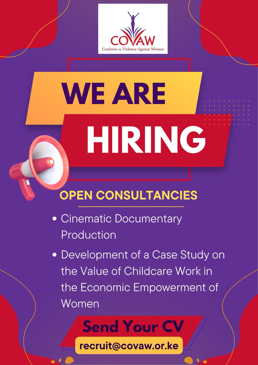 CONSULTANCY OPPORTUNITIES

<a href="/covaw/">Coalition on Violence Against Women (COVAW)</a> is inviting applications for two consultancy assignments:

1️⃣ Development of a Case Study on the Value of Childcare Work in the Economic Empowerment of Women
Learn more &amp; apply: covaw.or.ke/get-involved/w…
📅 Deadline: 29th August 2025

2️⃣ Production