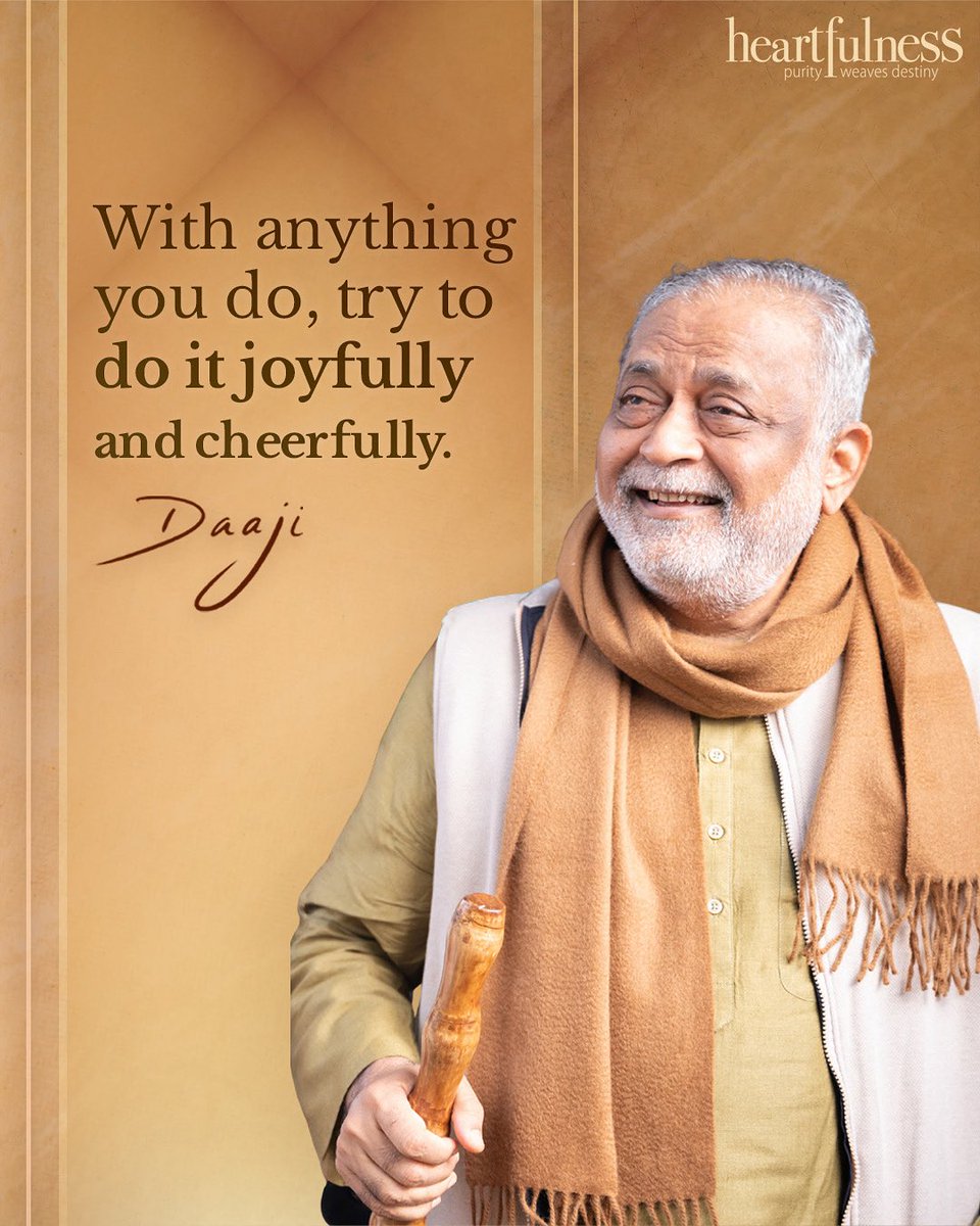 Daaji - Kamlesh Patel (@kamleshdaaji) on Twitter photo Joy is lightness. It is being unburdened, unconditioned, free from desires, and untouched by their objects.
Through regular <a href="/heartfulness/">Heartfulness</a> meditation, this lightness naturally blossoms within us. It brings a freedom that is nothing but pure joy, a joy we can carry into everything Joy is lightness. It is being unburdened, unconditioned, free from desires, and untouched by their objects.
Through regular <a href="/heartfulness/">Heartfulness</a> meditation, this lightness naturally blossoms within us. It brings a freedom that is nothing but pure joy, a joy we can carry into everything