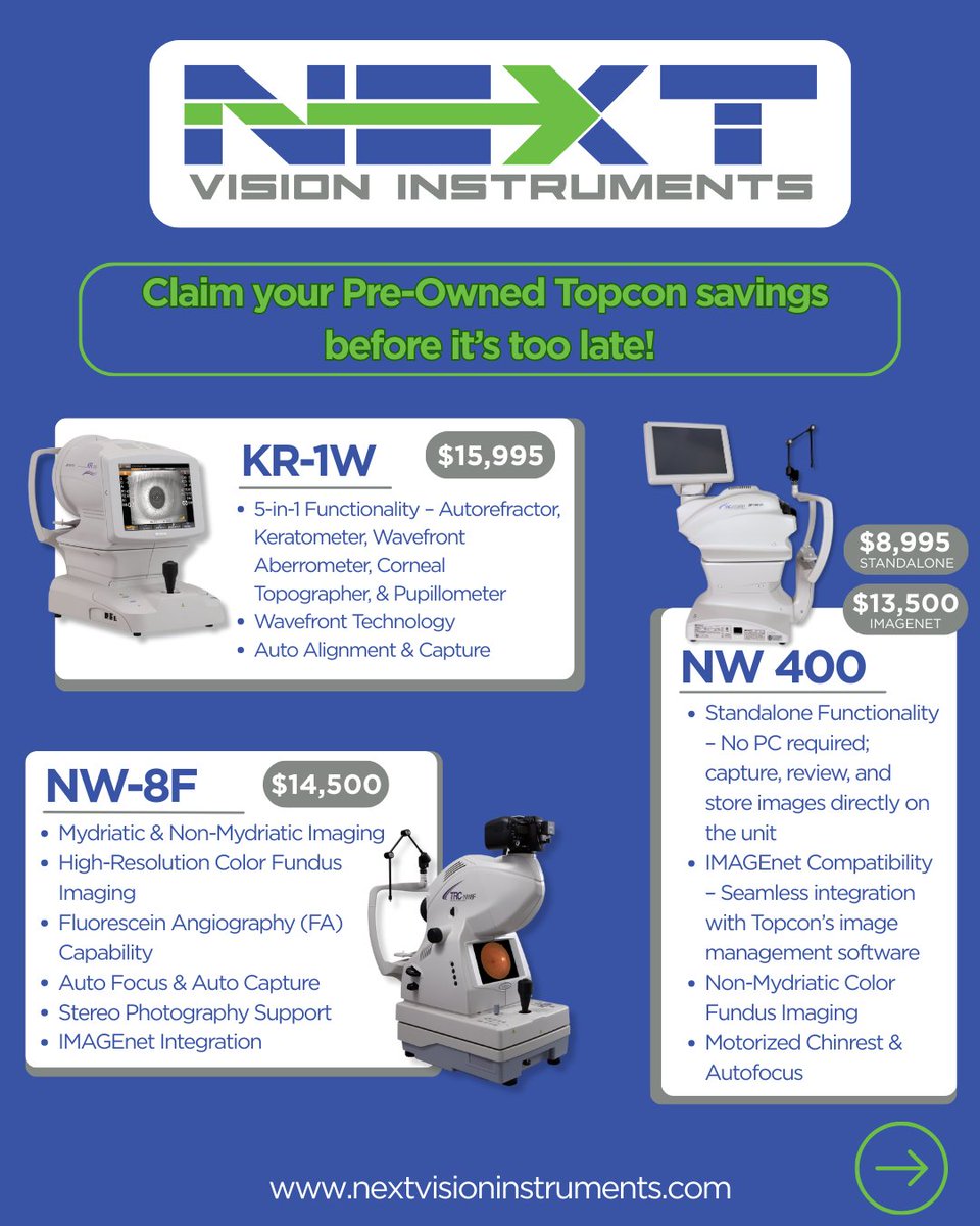 NextVision_'s tweet image. 🔥 TOPCON SAVINGS 🔥
These savings on pre-owned Topcon equipment are too good to miss! Call today to take advantage of these before they're gone!

727.483.9140
sales@nextvision2020.com
nextvisioninstruments.com

#NextVisionInstruments #ophthalmology #eyecare #optometry #eyedoctor