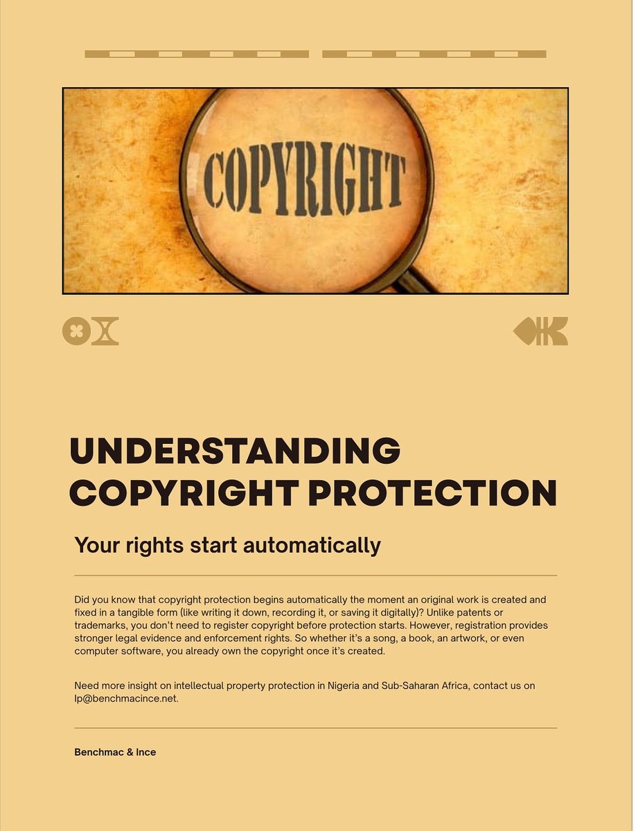 BenchmacInce's tweet photo. Did you know copyright protection begins automatically the moment an original work is created and fixed in a tangible form  (like writing it down, recording it, or saving it digitally)? Unlike  patents or trademarks, you don’t need to register copyright before  protection starts https://t.co/BmMf69S3yK