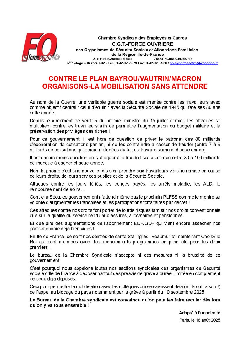 Contre le plan Bayrou/Macron/Vautrin: organisons la mobilisation sans attendre !
#grève #10septembre2025