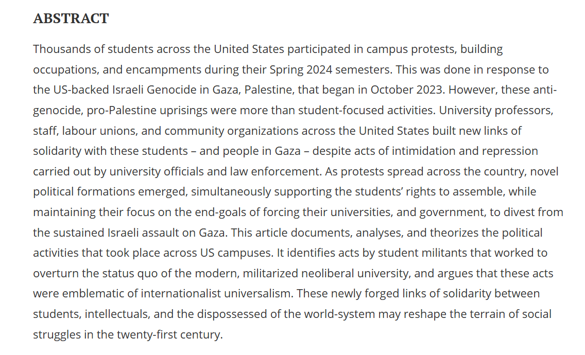 New article at <a href="/DistinktionT/">Distinktion: Journal of Social Theory</a>: "A new political diagonal: how students in the United States constructed internationalist solidarity with Palestine" #Gaza #Solidarity #Protest 
doi.org/10.1080/160091…🚨
CC: <a href="/UN_HRC/">UN Human Rights Council</a> <a href="/WKCRFM/">WKCR-FM NY</a> <a href="/uaw_4811/">UAW 4811</a> <a href="/AAUP/">American Association of University Professors</a> <a href="/4noura/">Noura Erakat</a> <a href="/hamiltonnolan/">Hamilton Nolan</a> <a href="/WorkersinPales1/">Workers in Palestine</a>