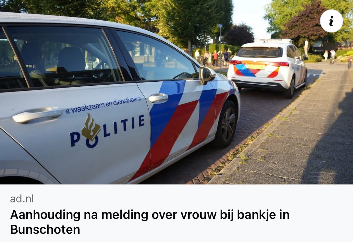 Aanhouding na melding over vrouw bij bankje in Bunschoten. Volgens kinderen die aanwezig waren, zou de vrouw seksuele handelingen hebben verricht. Bij de politie is hierover niks bekend. ad.nl/bunschoten-spa…