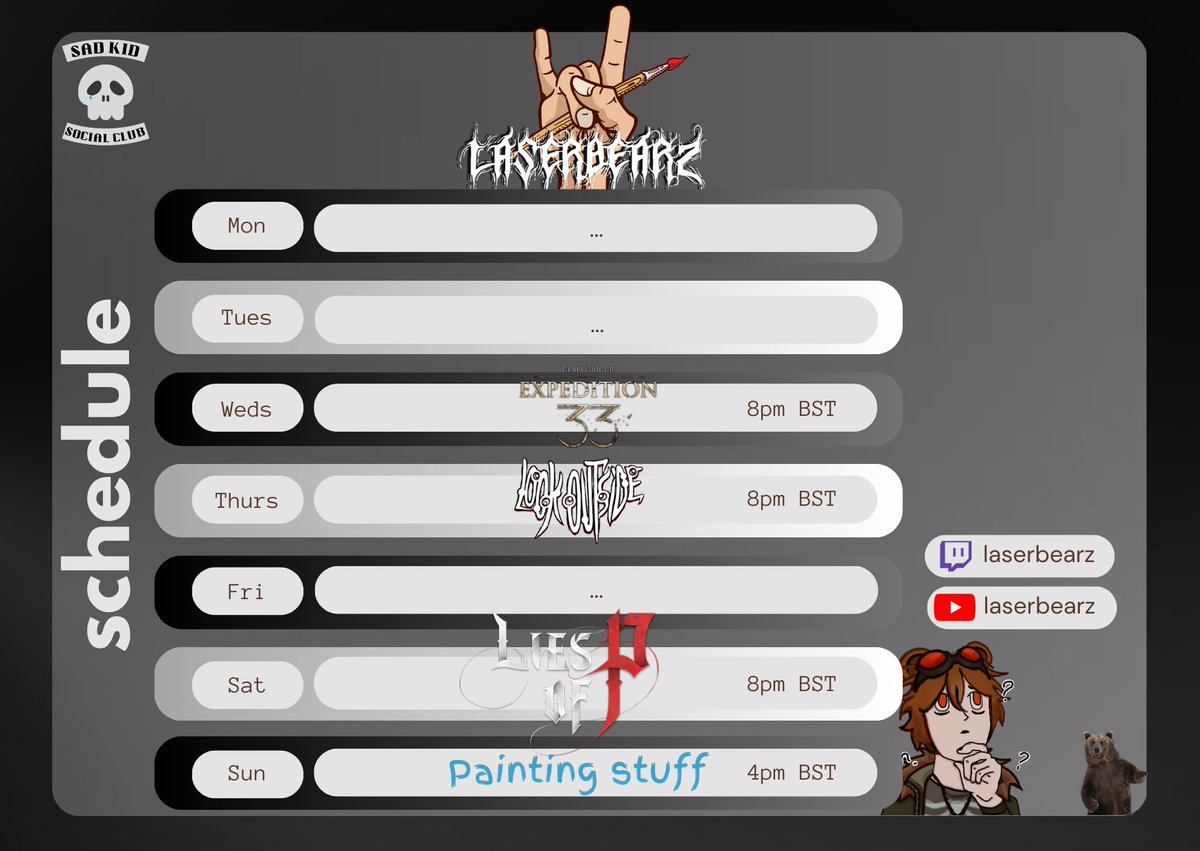 Schedule for the week.

Finally playing Look Outside.  

See you there ✌️