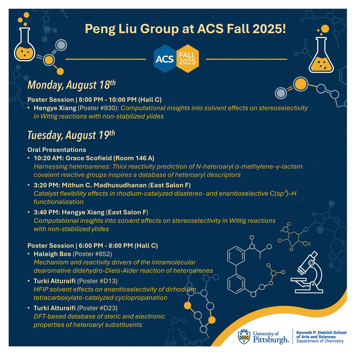 Peng Liu Group at ACS Fall 2025 🧪

We're excited to highlight our students presenting at the American Chemical Society Fall 2025 Meeting! Check out their talk schedule below.