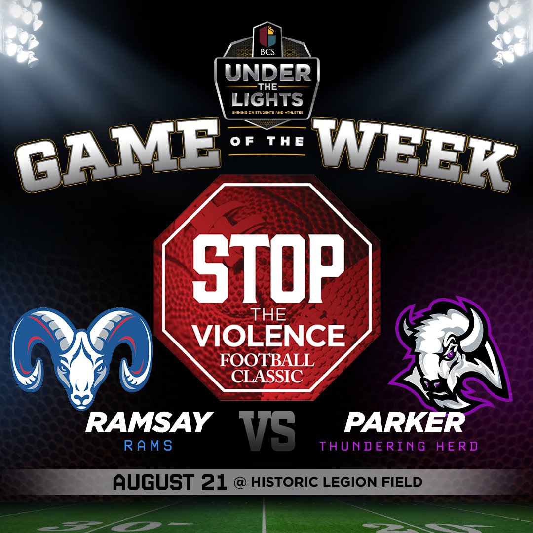 The 4th season of BCS #UnderTheLights kicks off Thurs. at Legion Field with the 3rd #StopTheViolence Class featuring <a href="/RamsayFootball/">Ramsay Football</a> vs. <a href="/AHParkerFootba1/">A.H. Parker Football</a>!  

Pre-game show at 6 pm &amp; kickoff at 7pm. More details at bhamcityschools.org/utl #SuccessStartsHere #highschoolfootball 🏈