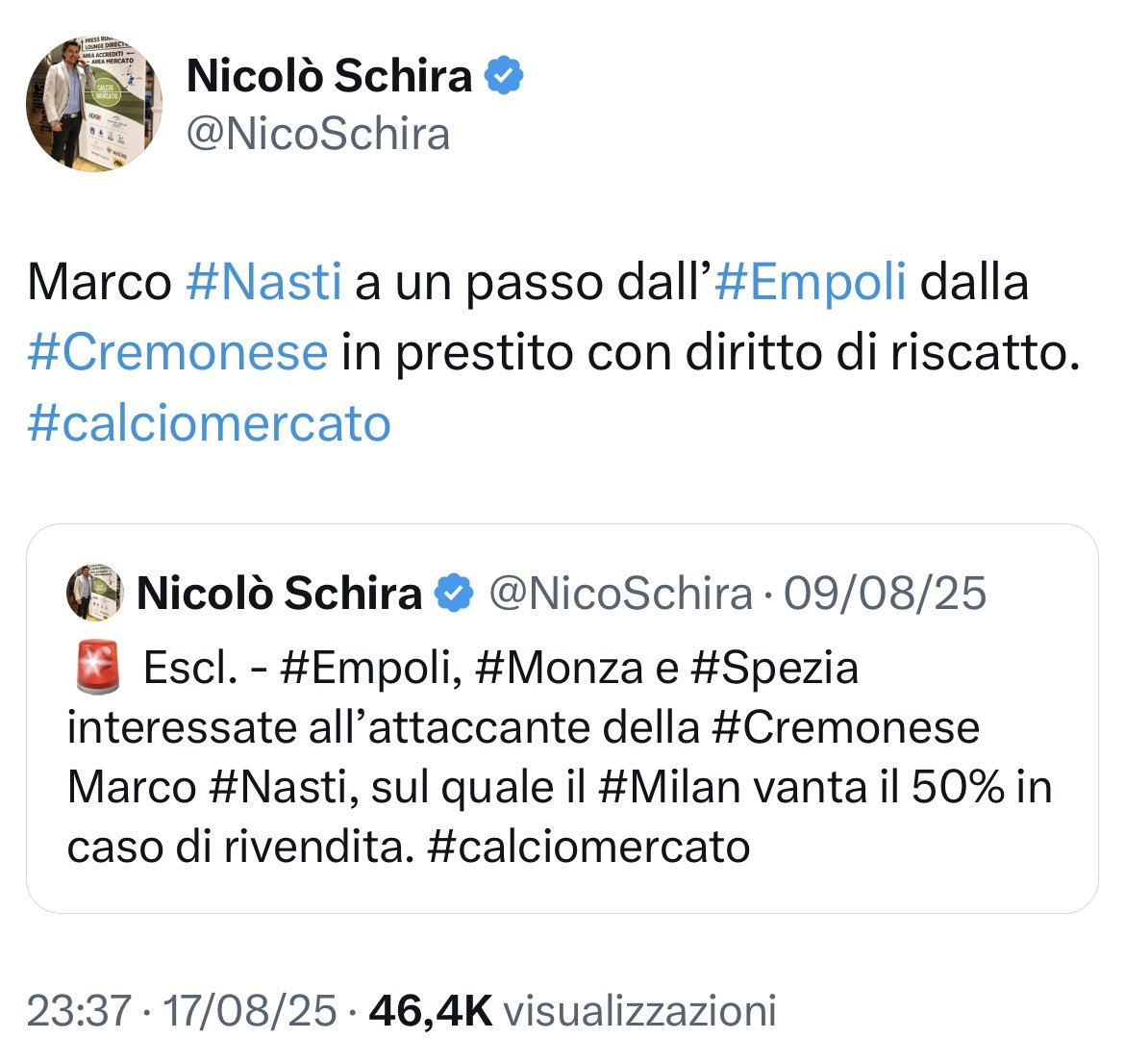 NicoSchira's tweet image. Ora è ufficiale! Marco #Nasti all’#Empoli in prestito con diritto di riscatto dalla #Cremonese. Tutto confermato dal 9 agosto come raccontato in esclusiva. #calciomercato