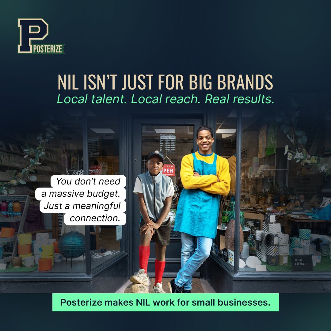 Posterize_2025's tweet image. NIL Isn’t Just for Big Brands
Local talent. Local reach. Real results.

 Posterize makes NIL work for small businesses.

#Posterize #LocalTalent #NILForAll