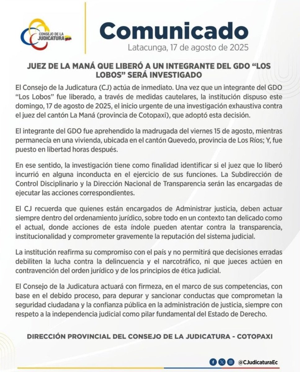Judicatura confirma su responsabilidad e investigará a juez de La Maná q liberó a Lizandro.
Con esto queda claro q NO es CC la q regula actuación de jueces y q no es 'su culpa' q liberen delincuentes o q más necesitan??
Marchemos para q endurezca sanciones a jueces💪🏻🇪🇨