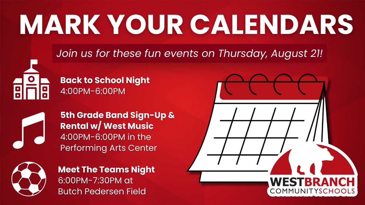 Get ready for an exciting week! Join us Thursday, August 21 for:

🏫 Back to School Night, 4:00-6:00pm

🎵 5th Grade Band Sign-Up &amp; Rental w/ West Music, 4:00-6:00pm in the Performing Arts Center

⚽ Meet The Teams Night, 6:00-7:30pm at Butch Pedersen Field